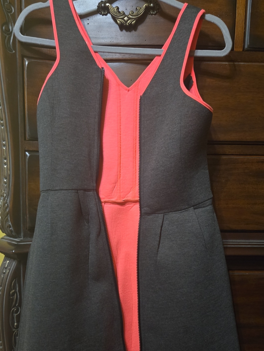 Sugarlips Dark Gray V-Neck Scuba Dress with Coral Trim
